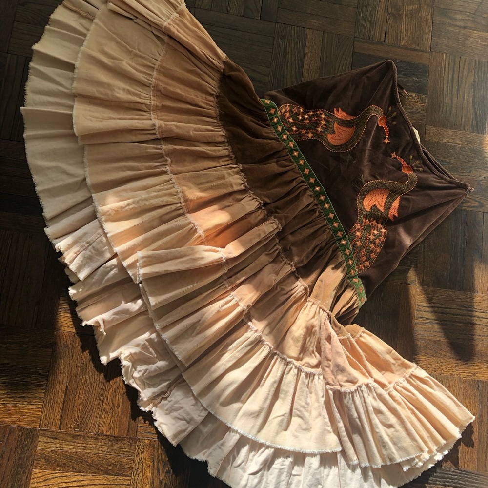 Embroidered Peacocks Brown and Beige Skirt (corduroy like fabric)